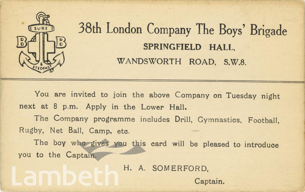 BOYS’ BRIGADE, SPRINGFIELD HALL, WANDSWORTH ROAD