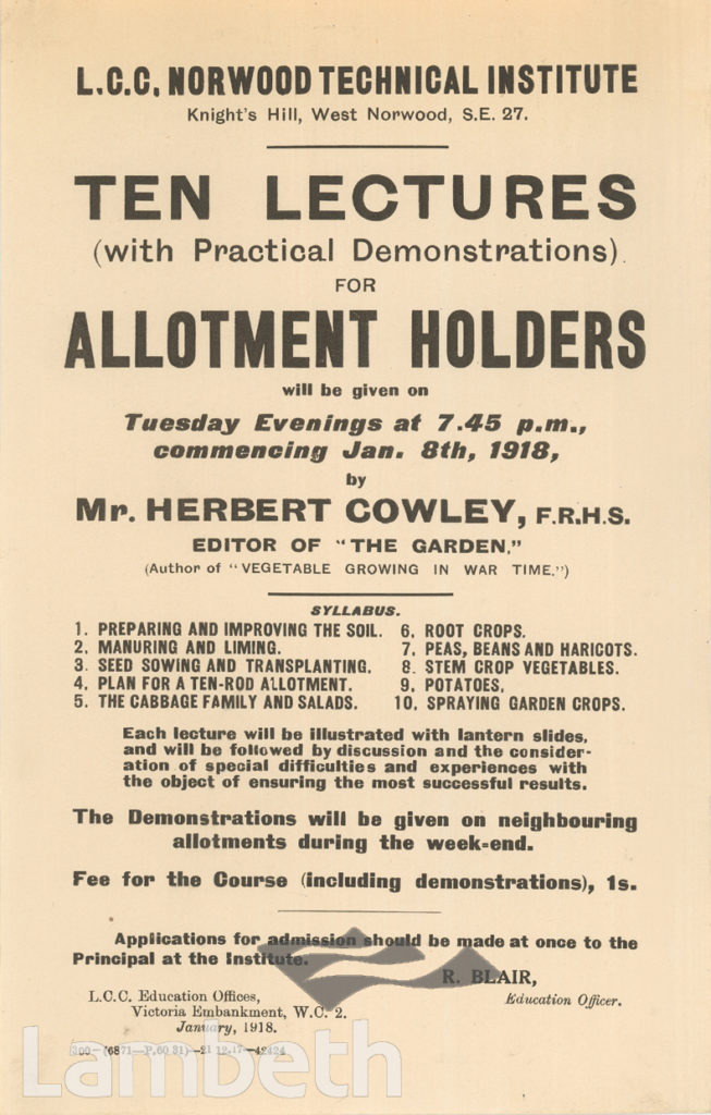 ALLOTMENT LECTURES, NORWOOD TECHNICAL INSTITUTE, KNIGHT’S HILL