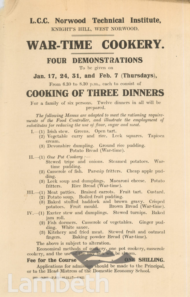 WORLD WAR 1 COOKERY CLASSES, NORWOOD TECHNICAL INSTITUTE, KNIGHT’S HILL