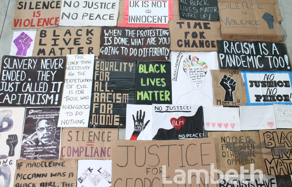 BLACK LIVES MATTER PROTEST PLACARDS, VAUXHALL