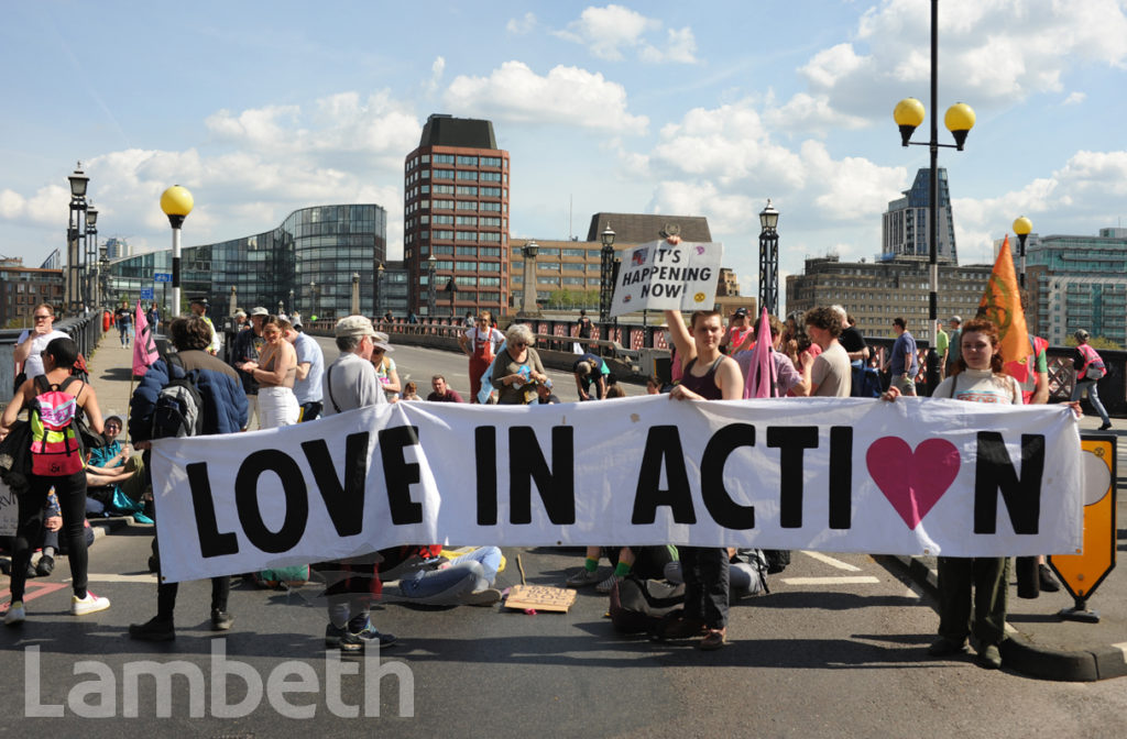 EXTINCTION REBELLION CLIMATE EMERGENCY PROTEST BLOCKADE, LAMBETH BRIDGE