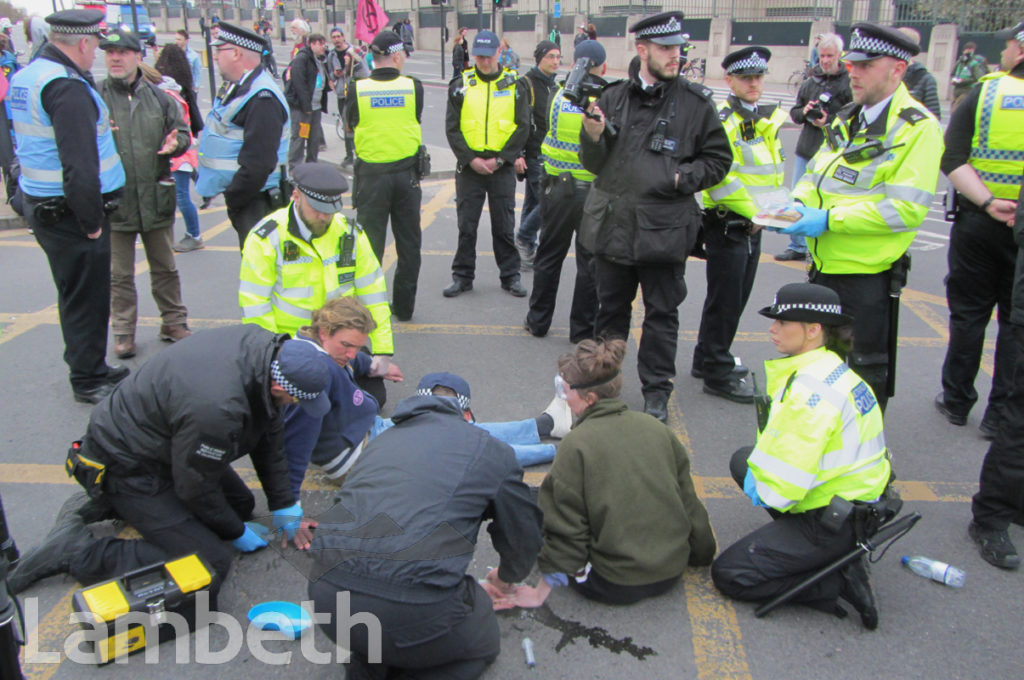 EXTINCTION REBELLION PROTESTER, VAUXHALL BRIDGE