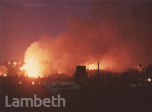 BRIXTON RIOTS FIRES SEEN FROM EFFRA PRIMARY SCHOOL