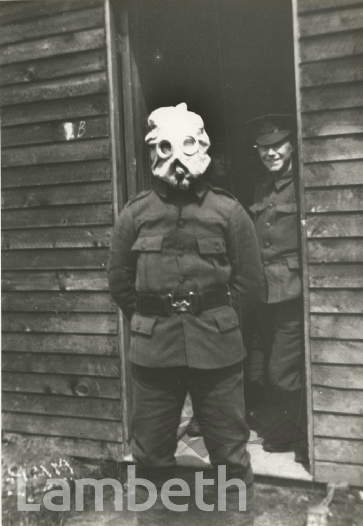 SOLDIER WITH GAS MASK, FIRST SURREY RIFLES TRAINING CAMP, WORLD WAR I