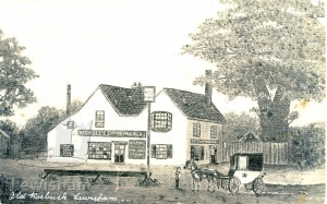 Naive painting depicting Ye Old Roebuck Inn. Coach and horse and watering trough in foreground.