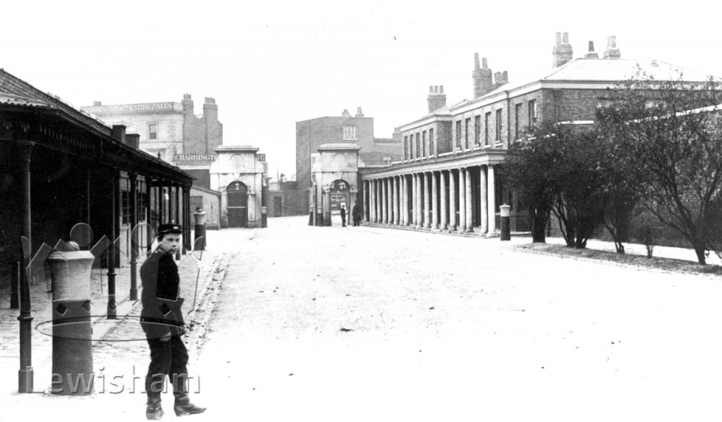 Royal Victoria Yard Main Gate centre, The Colonnade right