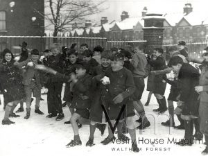 A snowfight amongst pupils at Maynard school, 1958