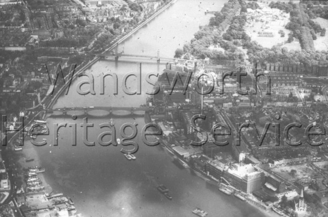 Thames, showing Albert, Chelsea and Grosvenor Bridges- 1960