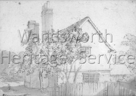 View of a Wandsworth cottage with trees-  C1850