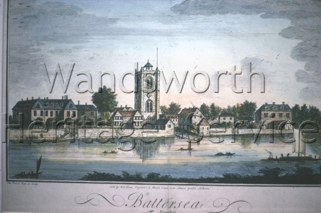 Battersea: from an engraving by Thomas Priest, showing the old church and the manor house- 1742