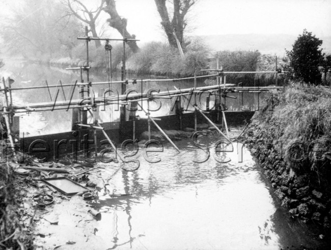 Island and temporary bridge across the River Wandle at Steerforth Street, Wandsworth- 1958