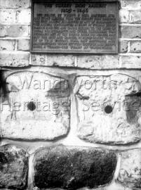 Plaque with stone sleepers in wall of Ram Brewery, York Road- 1959