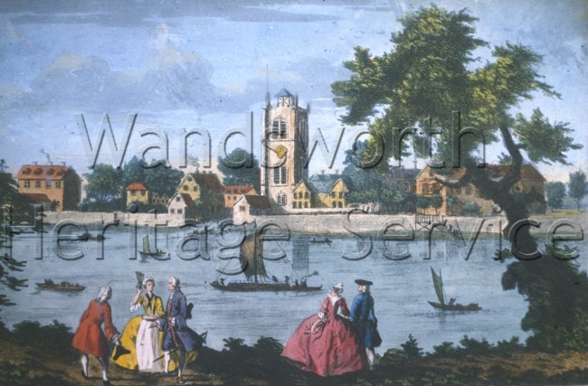 Battersea from the River, showing the old Church of St  Mary and adjacent buildings, including the Manor House: from an engraving, –  C1770