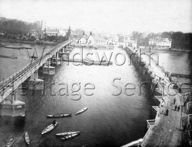 Aqueduct and view of old Putney Bridge from the tower of St Mary’s, –  C1884