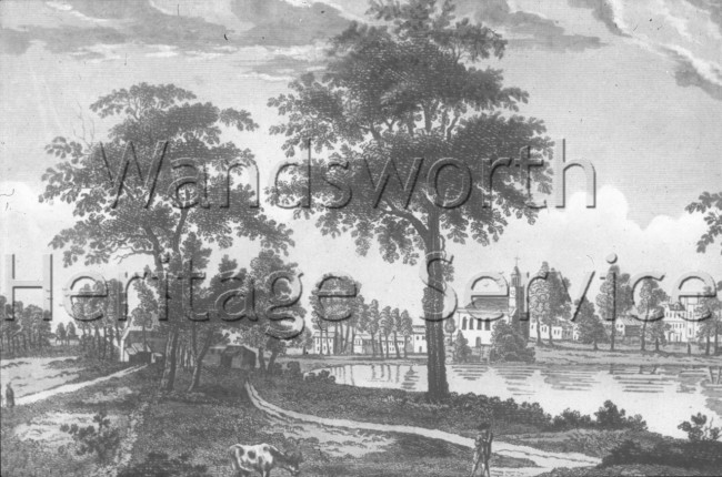 Clapham Common: view entitled “View of Clapham in Surrey, from the Common”, from a coloured engraving, c 1800- c1800